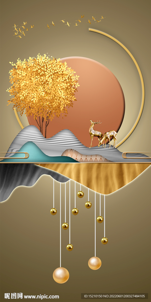 金色山脉抽象树玄关背景墙