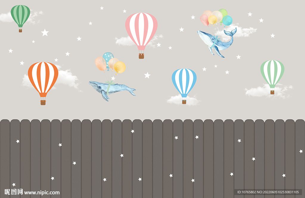 卡通儿童房气球星星背景壁画墙纸