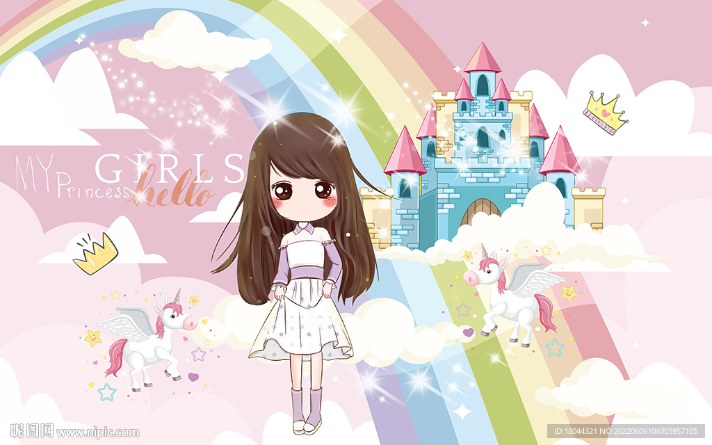 可爱卡通小公主城堡儿童房背景墙