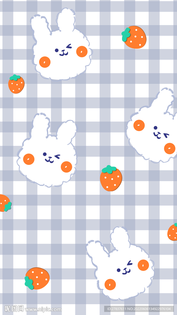 小清新格子手绘小兔子草莓背景