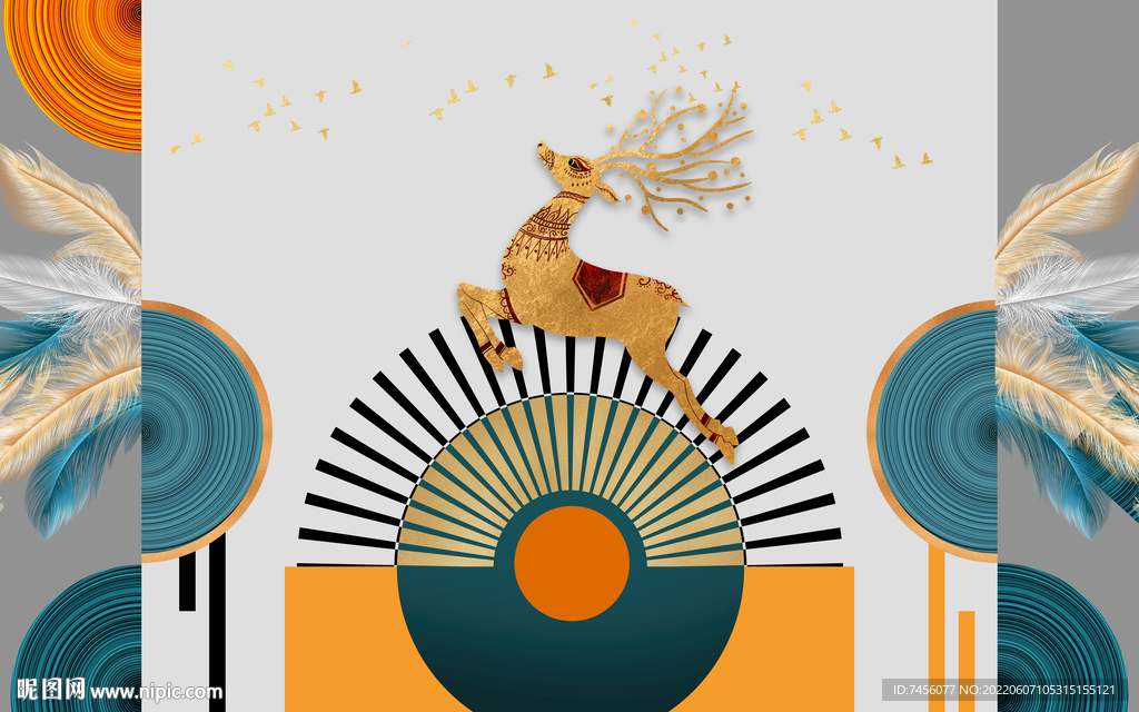 水彩麋鹿羽毛简约背景墙