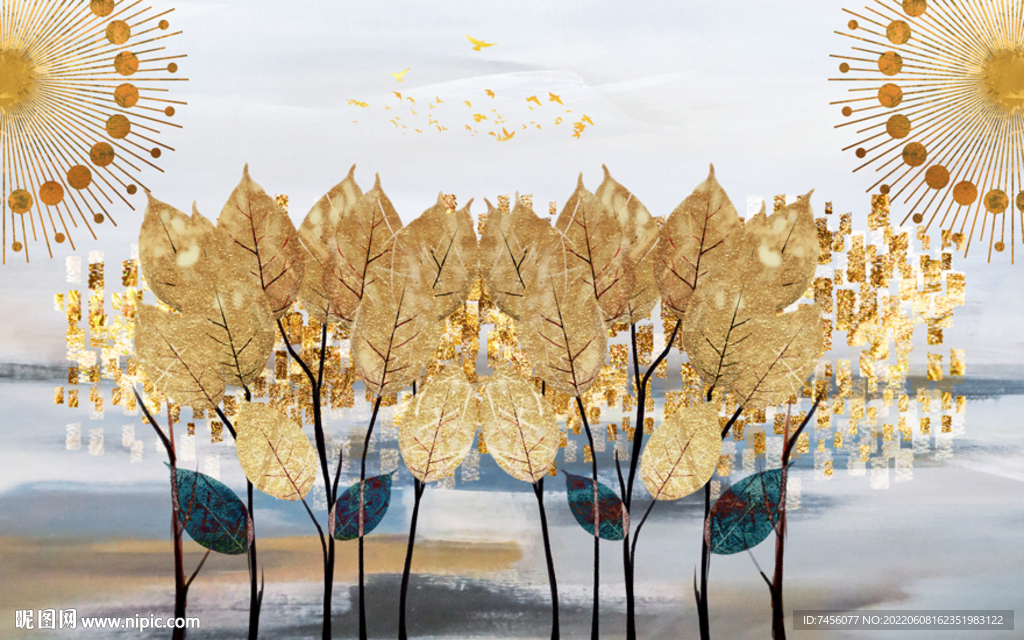 金属树叶树枝水墨背景墙