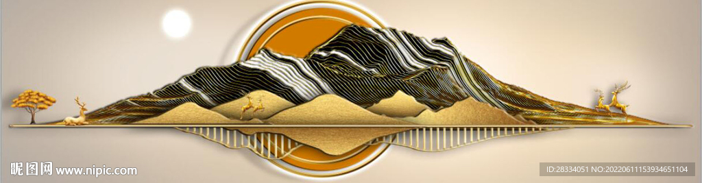 新中式抽象金色麋鹿山水床头画