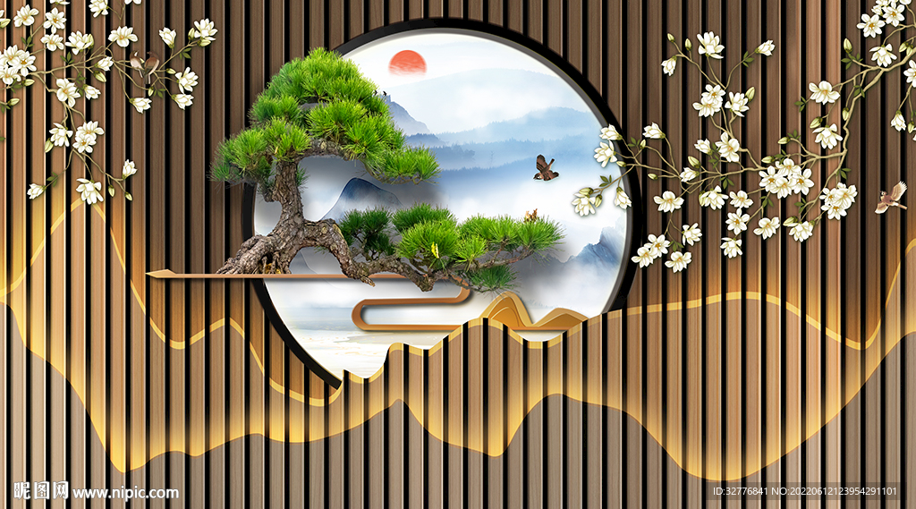 山水迎客松背景墙