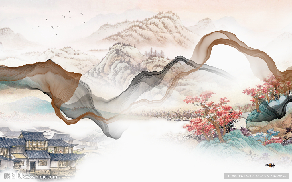 最新山水中式背景 TIf分层