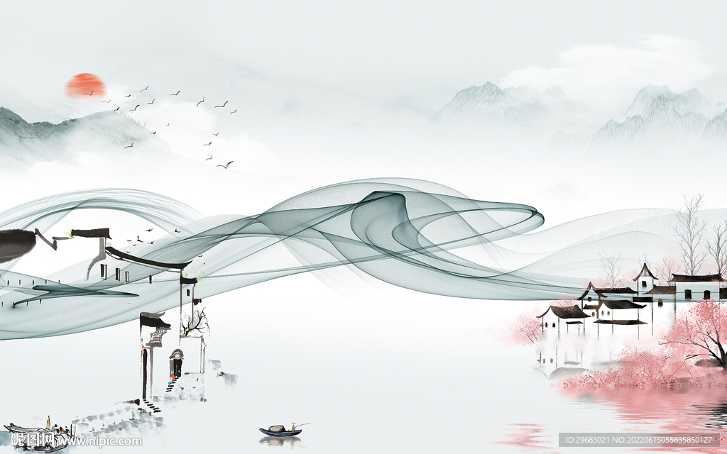 江南 山水中式背景 TIf分层