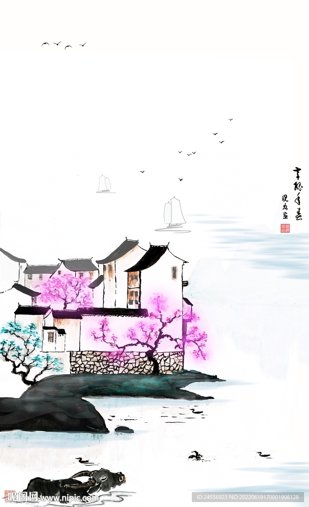 江南水乡水墨山水画