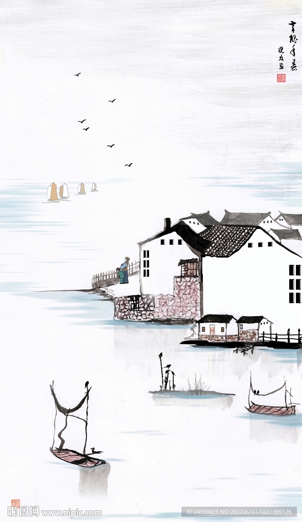 江南春水墨画 江南春色