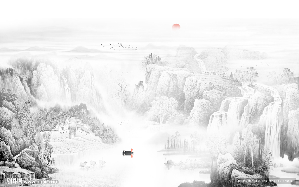 烟雨江南山水背景墙