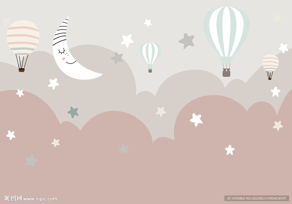 卡通星星月亮气球儿童房背景壁画
