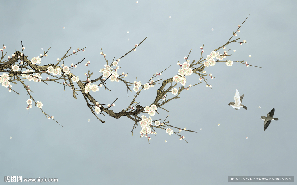 新中式手绘花鸟梨花背景墙装饰画
