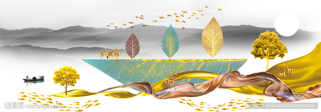 轻奢装饰画 弧线飘带 叶子