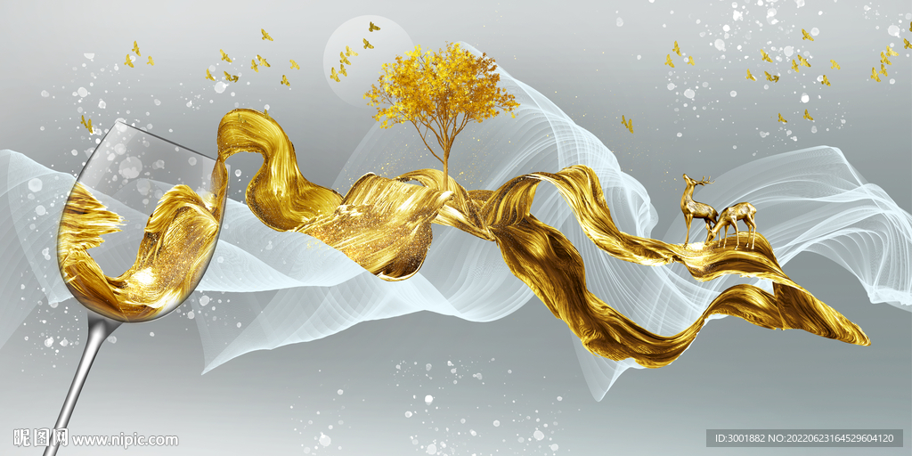 轻奢装饰画 抽象飘带 红酒杯