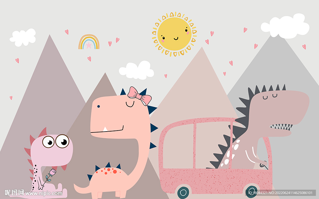 小清新卡通可爱恐龙儿童房背景墙