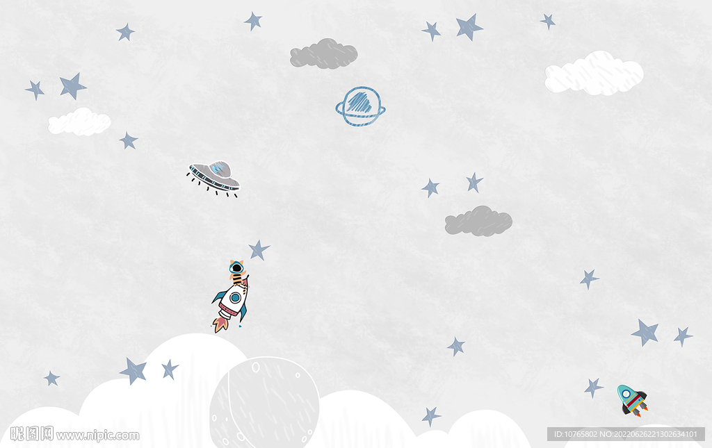 卡通儿童太空星球火箭背景壁画