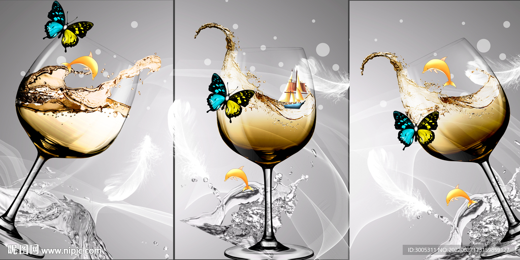 轻奢装饰画 梦幻弧线 红酒杯