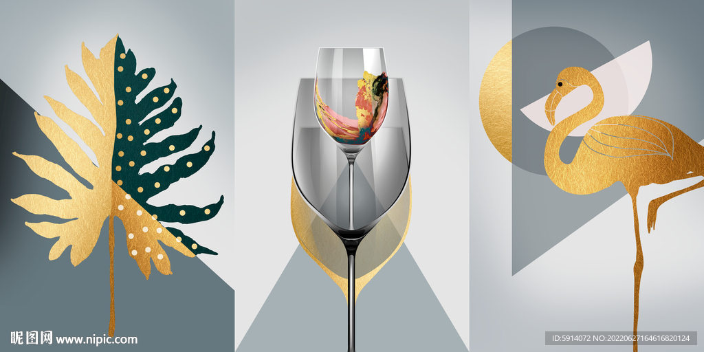 轻奢装饰画 红酒杯 叶子