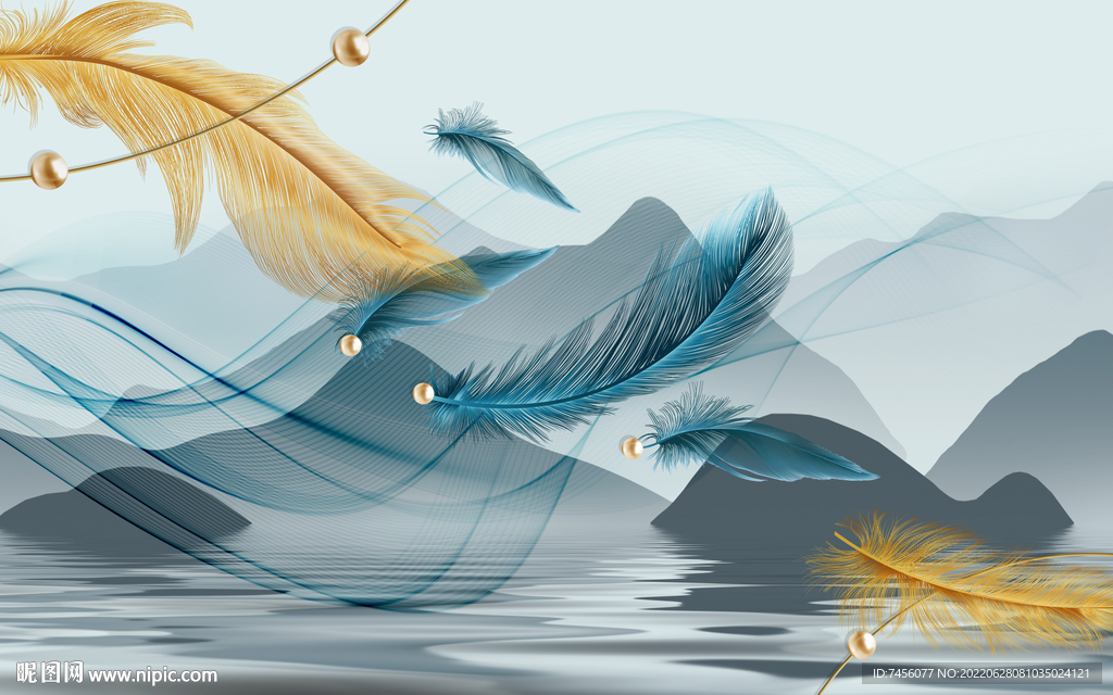 水彩羽毛山水背景墙