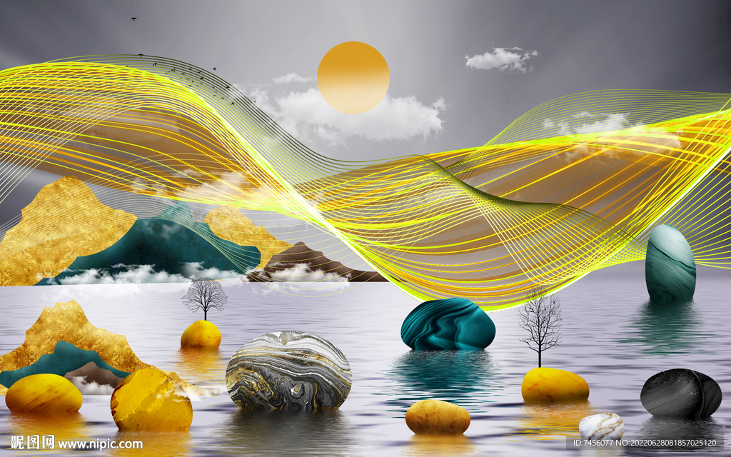 湖泊水彩石头背景墙