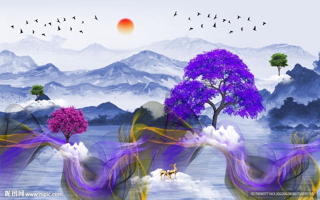 水墨山脉湖泊高清背景墙