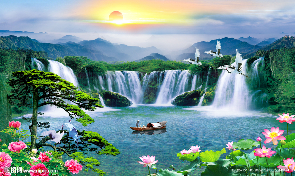 流水生财装饰画背景墙