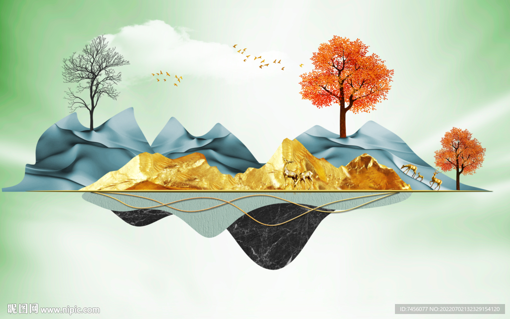 水墨山脉水彩树背景墙
