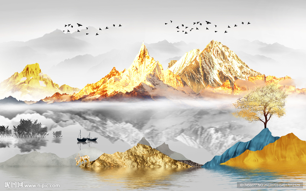 金箔山脉湖泊背景墙