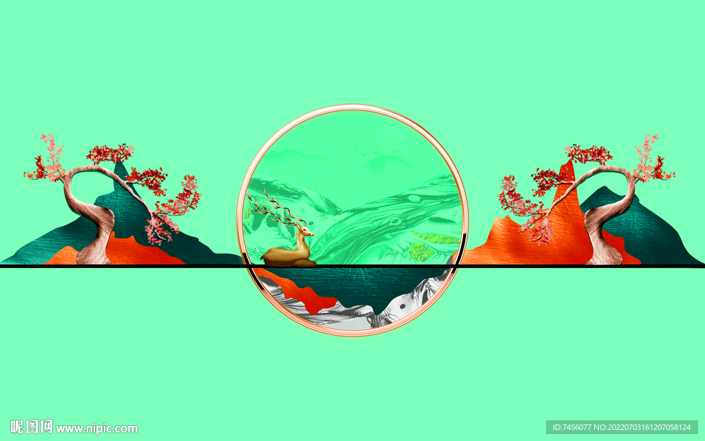 麋鹿水彩山脉高清背景墙