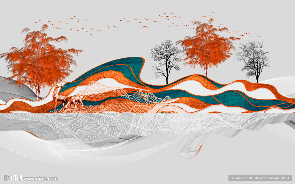 水彩山脉艺术树背景墙