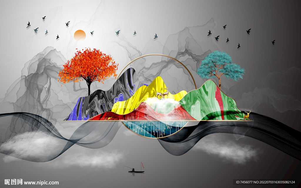 水彩树水墨山脉背景墙