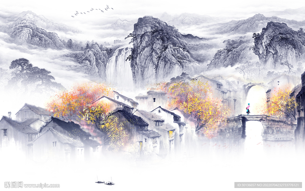 高清 客厅中式山水 TiF分层