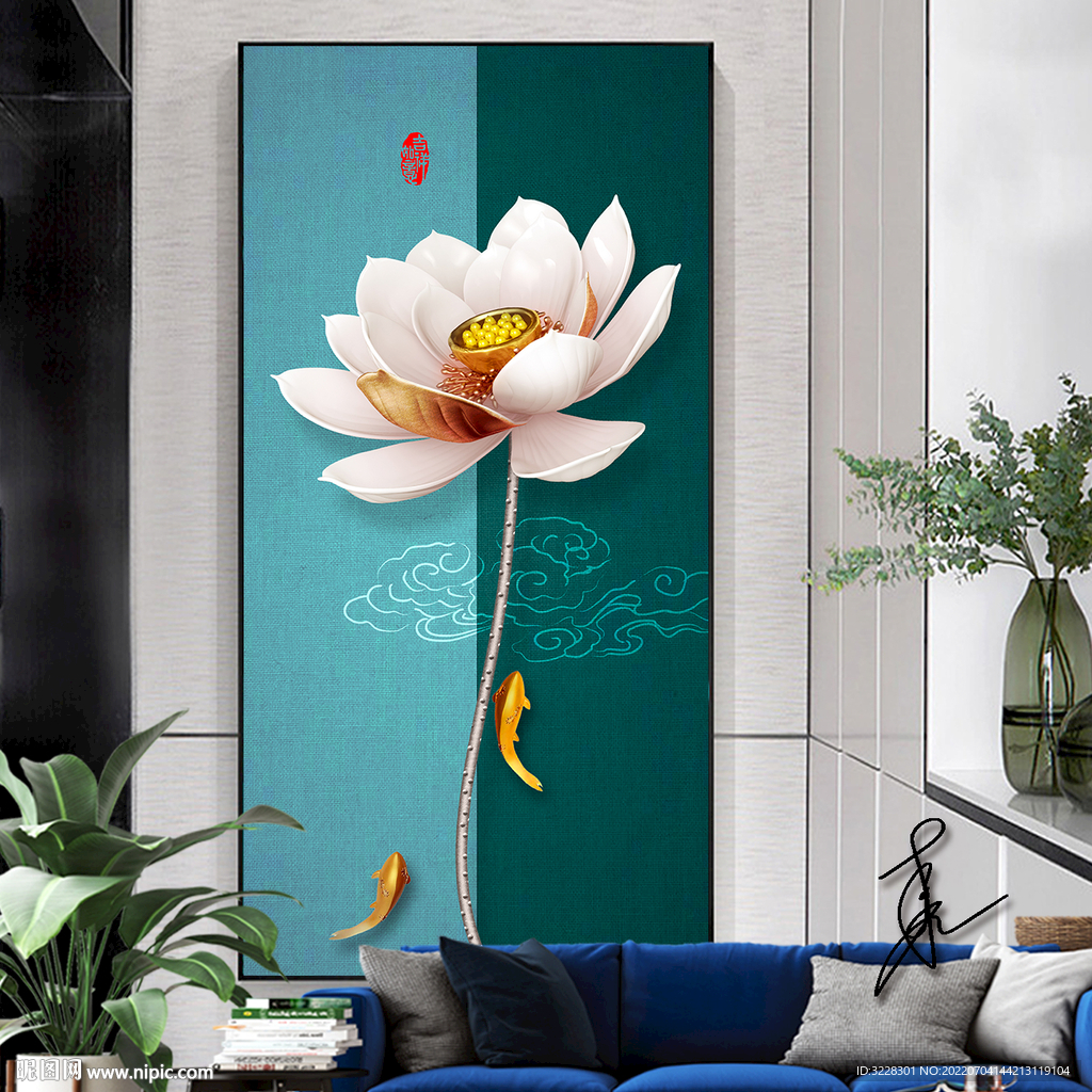新中式禅意荷花玄关背景墙装饰画