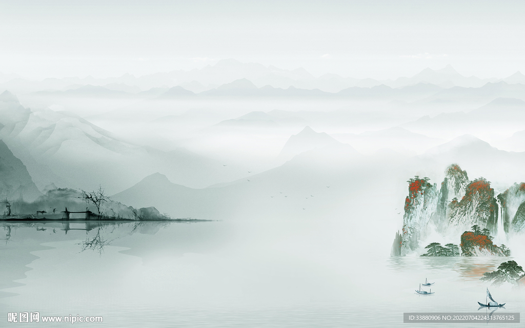 新中式客厅背景山水 Tif分层