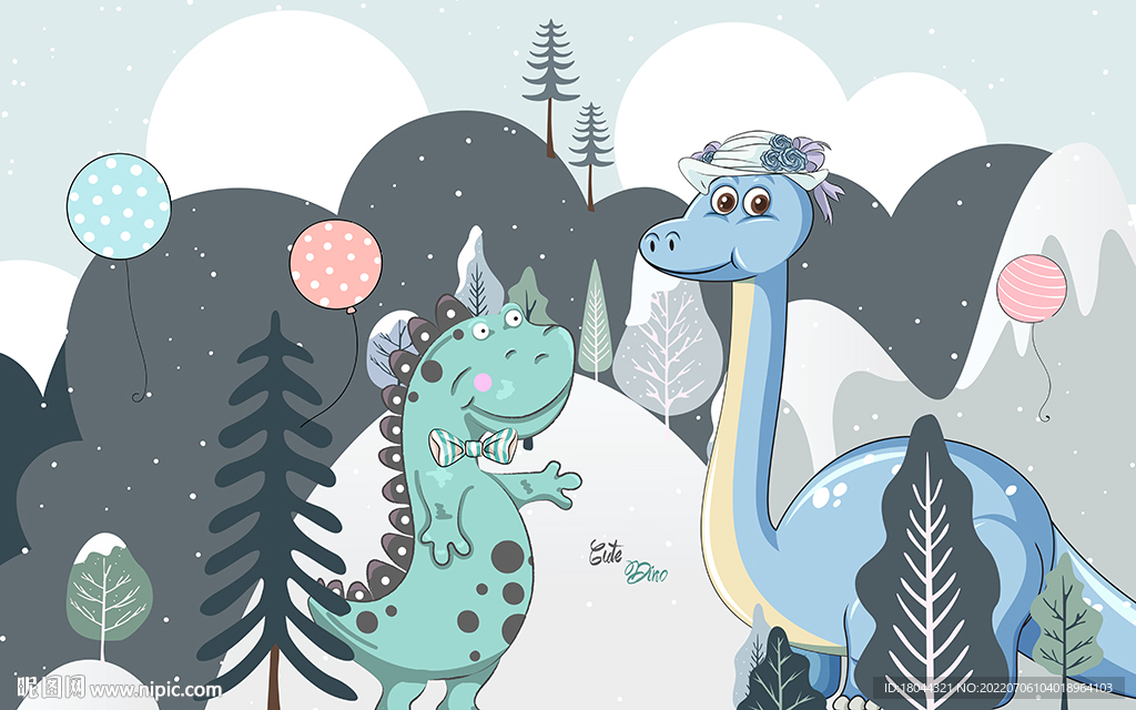 可爱卡通小清新恐龙儿童房背景墙