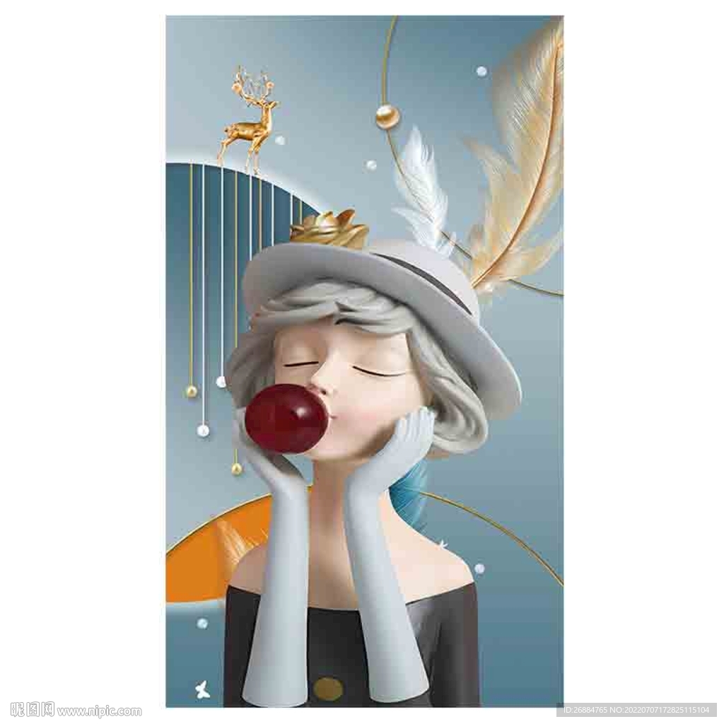 女孩卡通轻奢简约高清装饰画