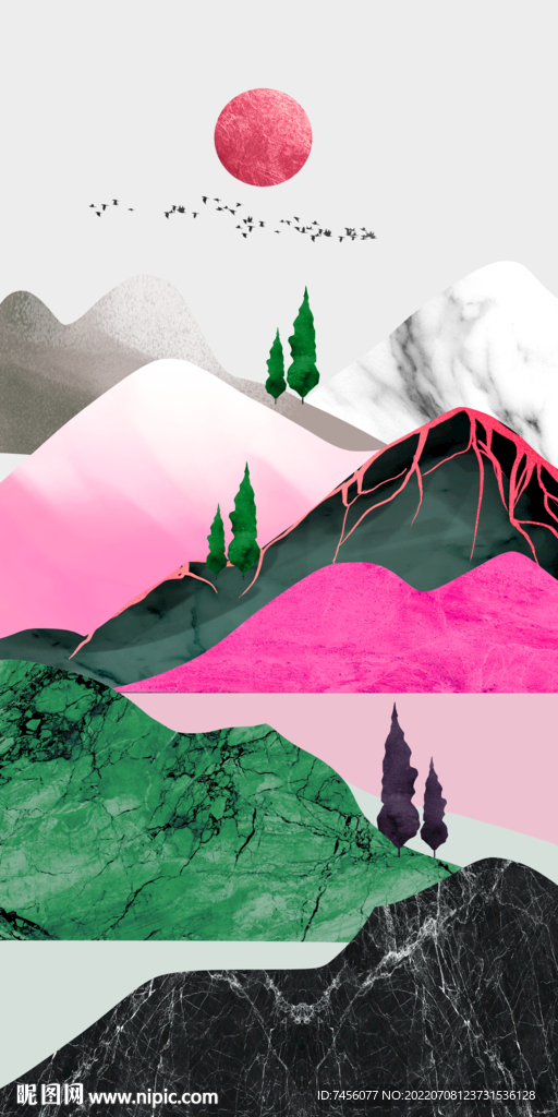 水彩山脉中式玄关过道