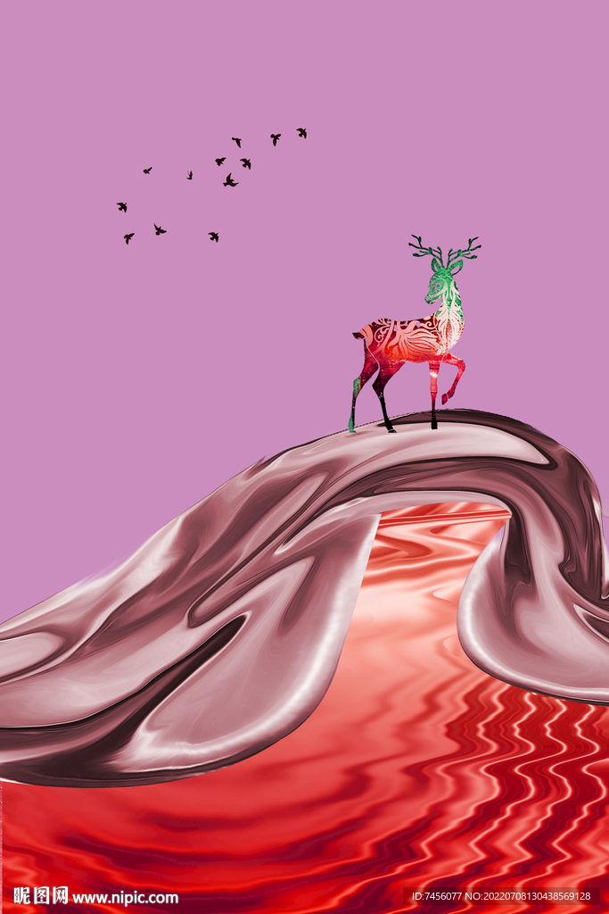 飞鸟麋鹿高清艺术挂画装饰画