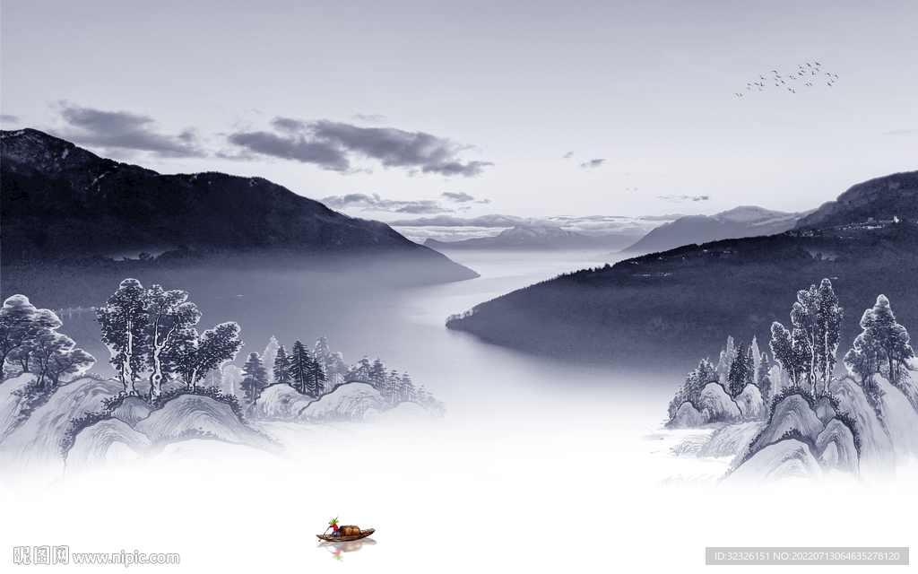 别墅中式电视山水 Tif分层