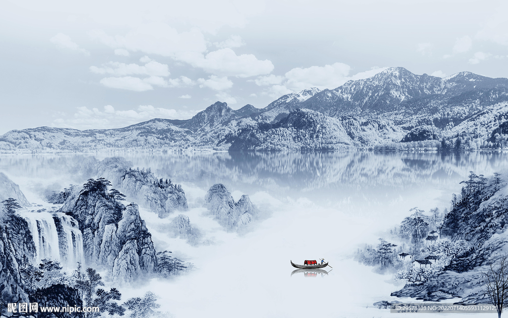 别墅客厅山水背景墙 TIf分层