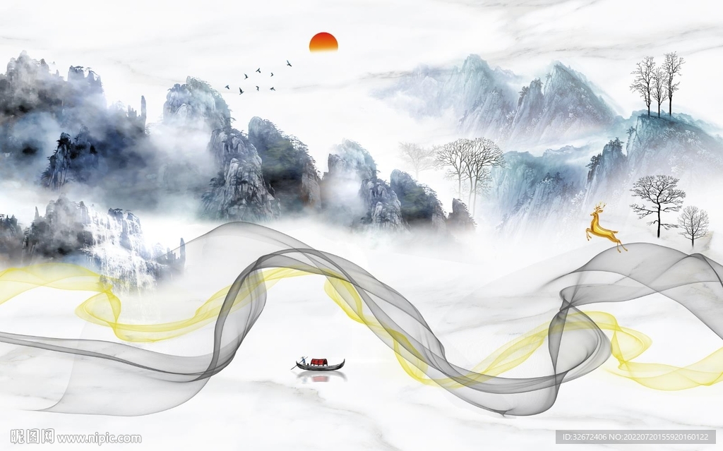 意境客厅灰色山水 TIF分层图