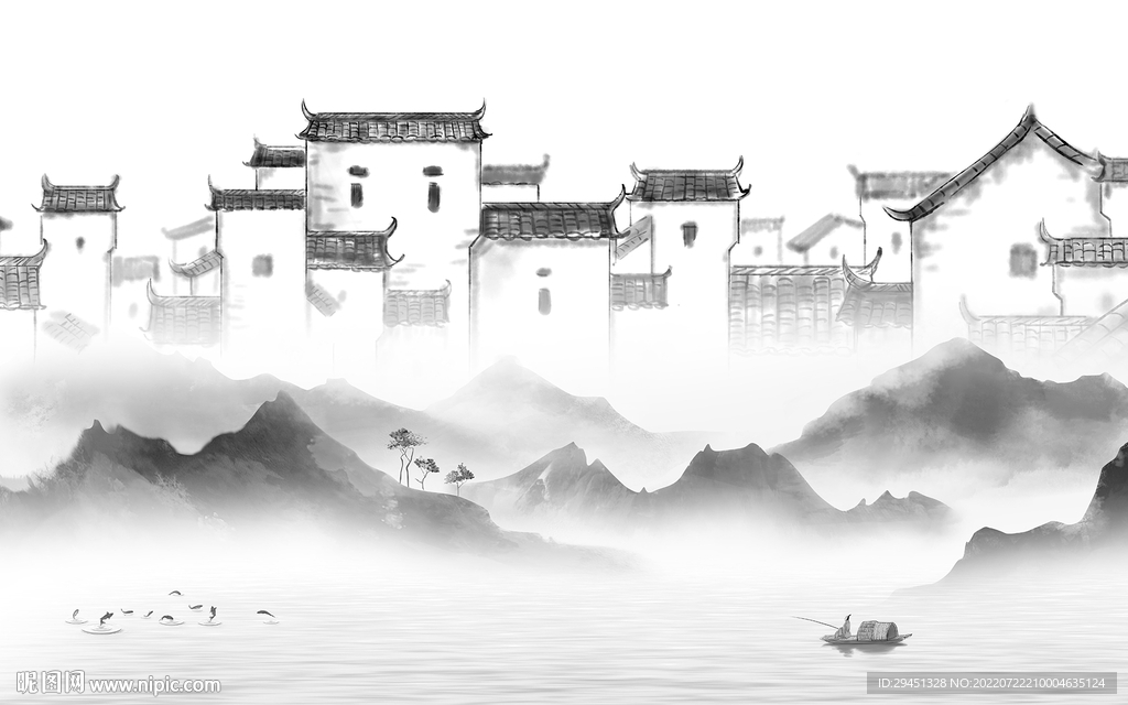 背景墙意境灰色山水 Tif分层