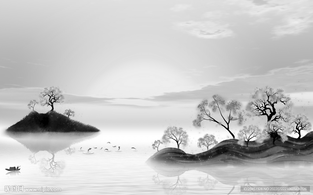 中国风意境灰色山水 Tif分层