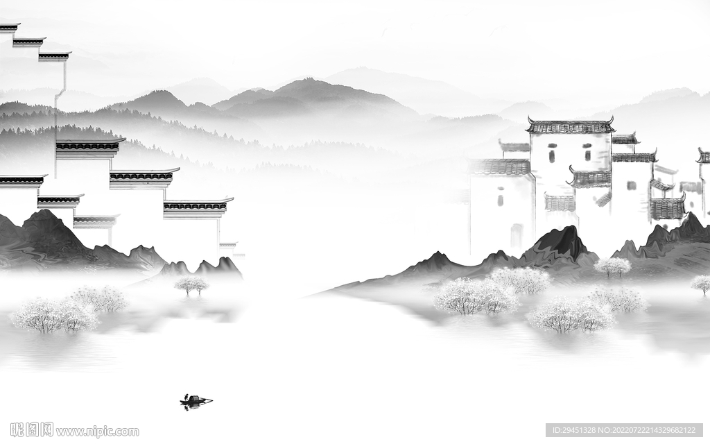 江南 灰色中式山水 Tif分层