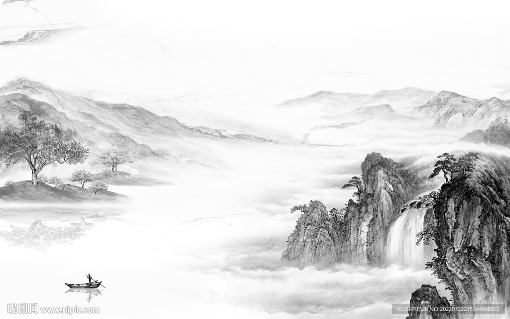 中国风灰色中式山水 Tif分层