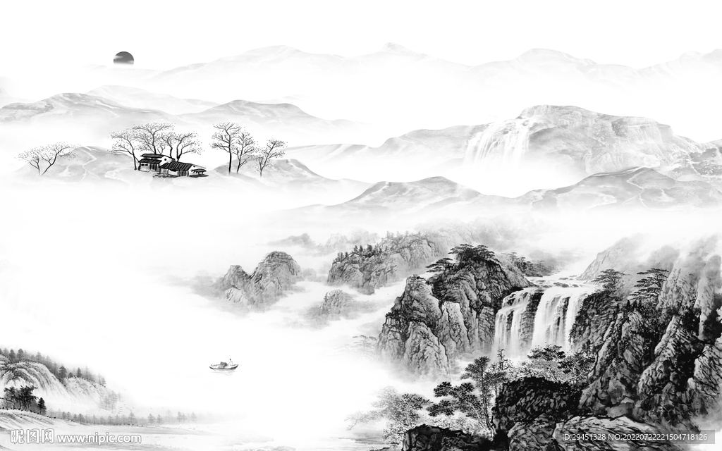 最新 灰色中式山水 Tif分层