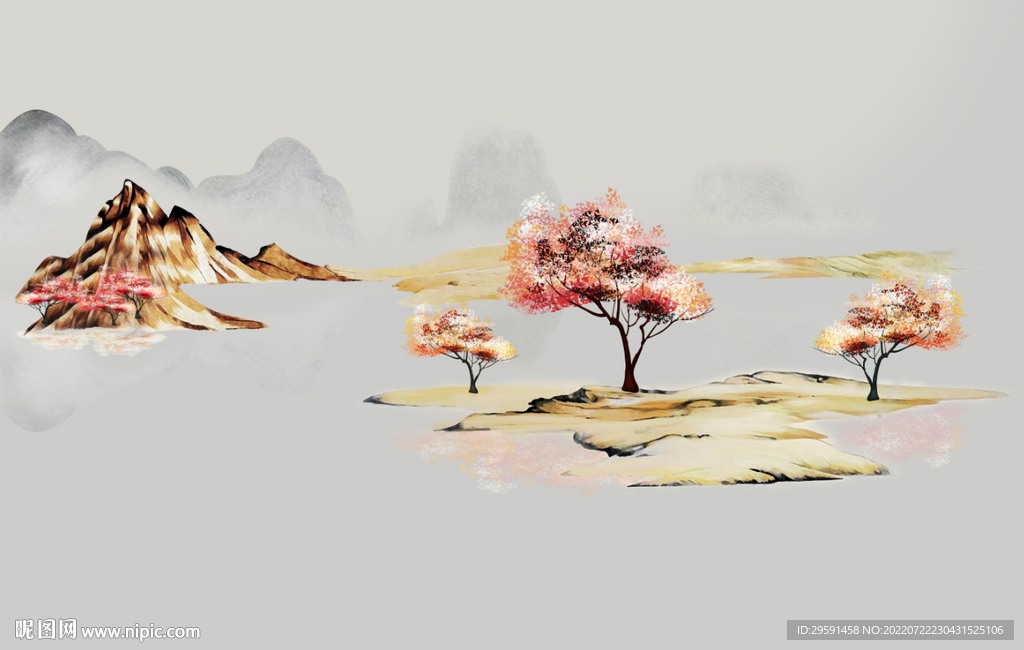 水墨枫树山水画背景墙