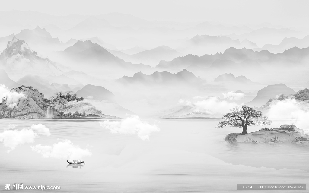 最新 山水灰色墙画 TIf分层