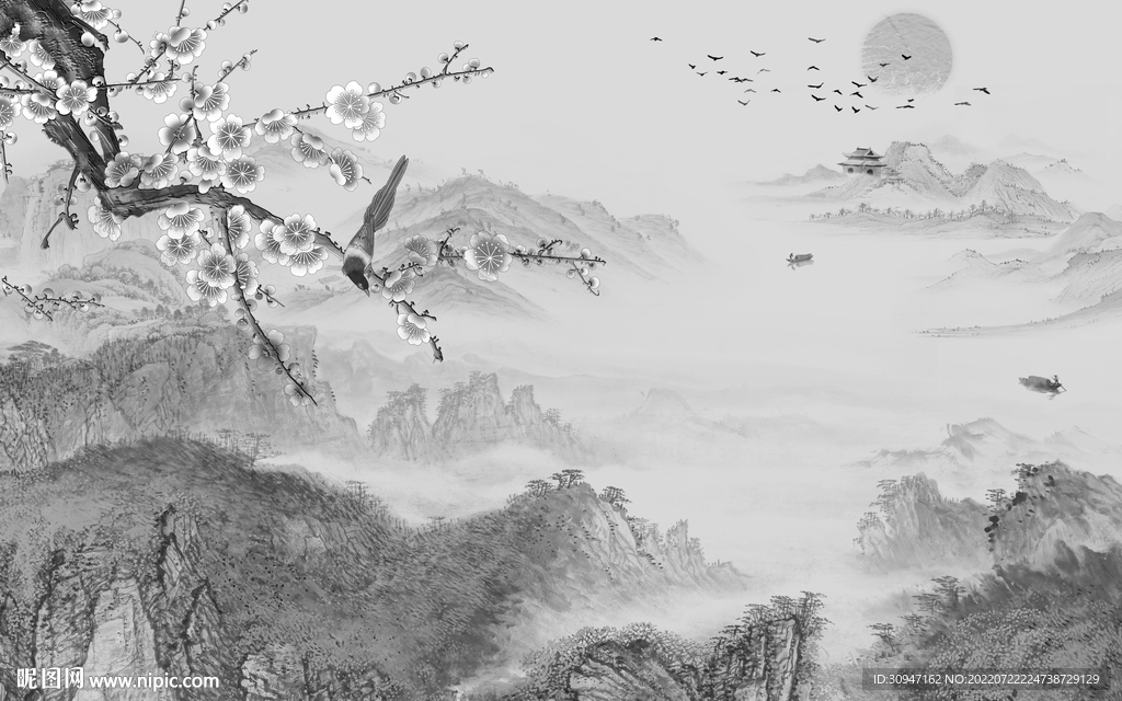 别墅 山水灰色墙画 TIf分层