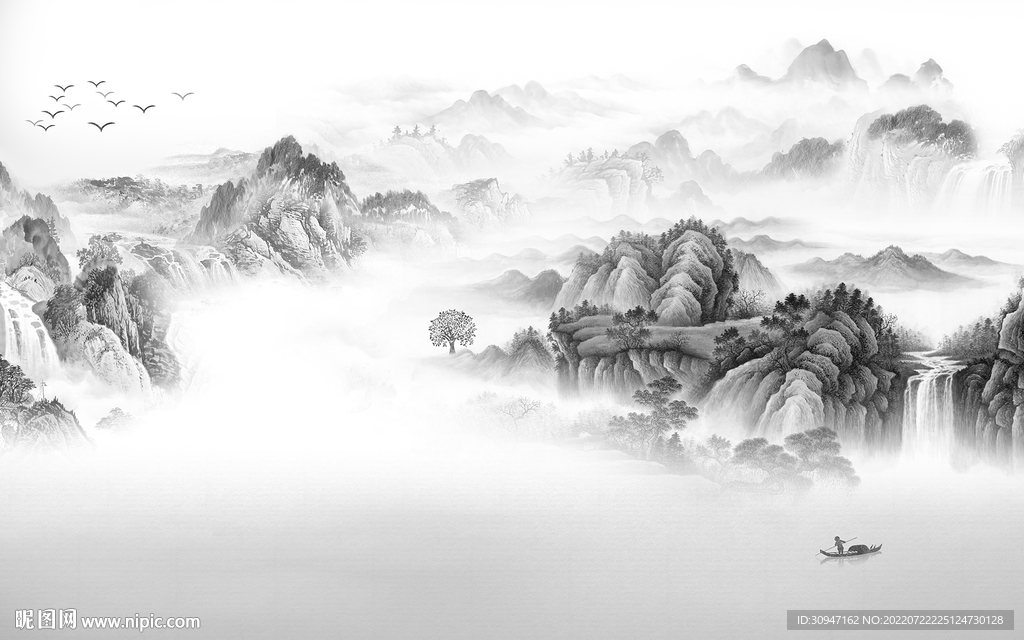 现代山水灰色墙画 TIf分层