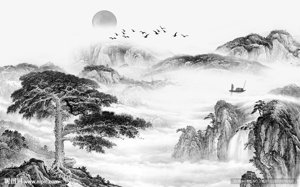 新中式灰色新山水画 TIf分层